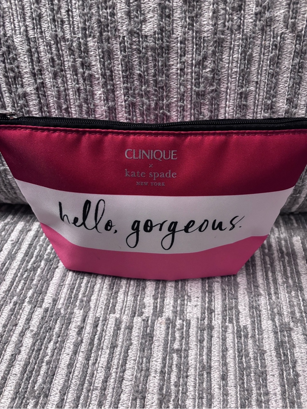 Clinique Red And White Striped Makeup Pouch With Branded Pull